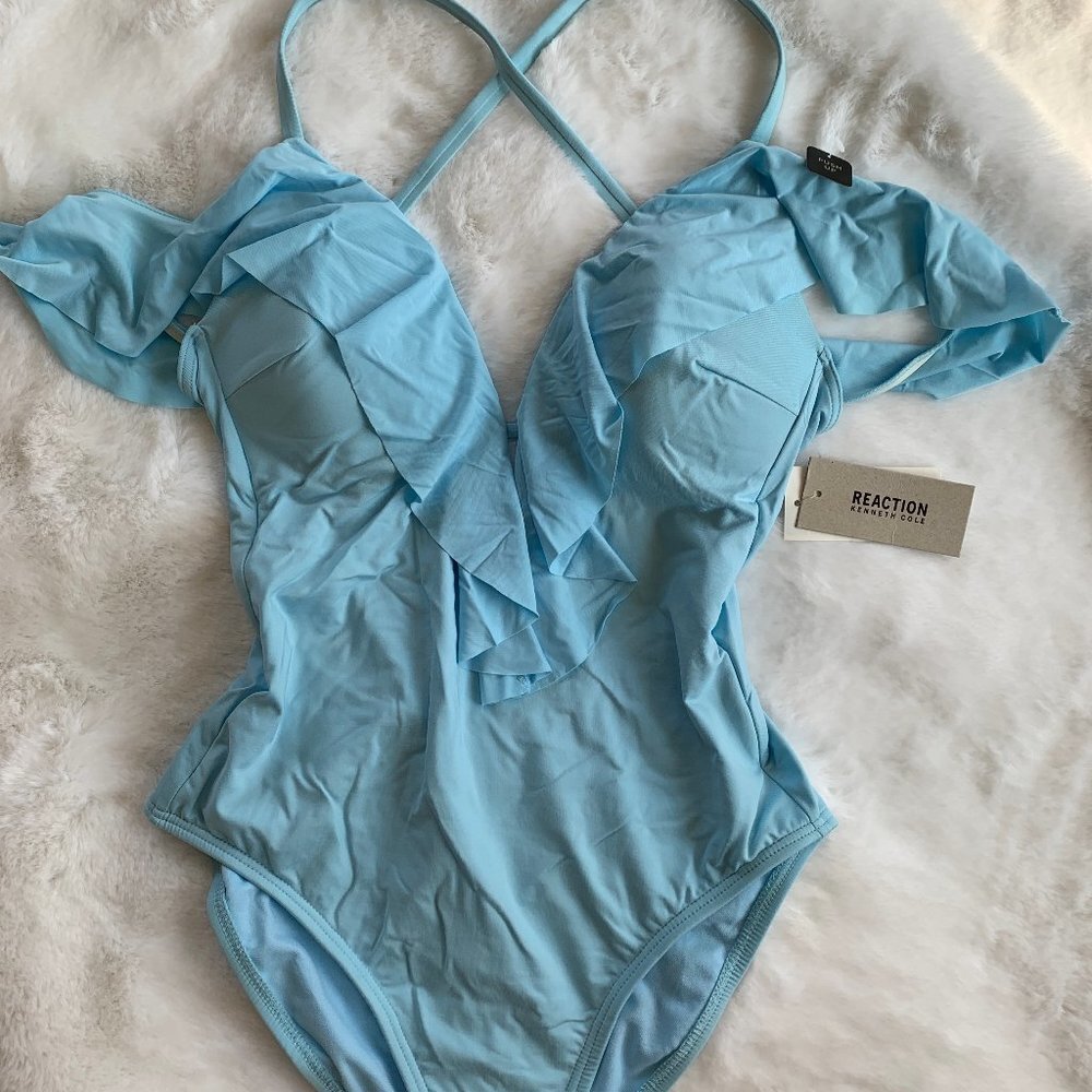 Kenneth Cole Off Shoulder Ruffle One Piece NEW - Picture 2 of 9